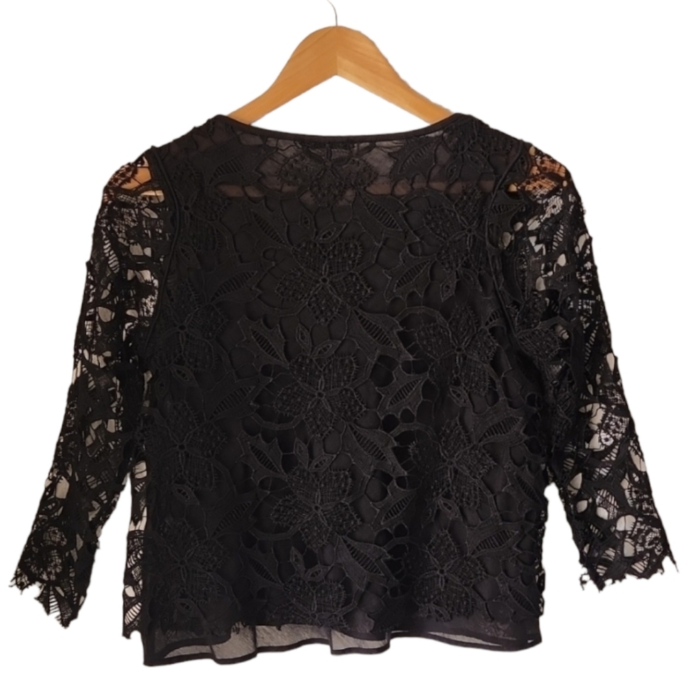 ZARA Black Crochet Lace Crop Top M Sheer Gothic Boho Punk Festival 3/4 Sleeve - Picture 8 of 15